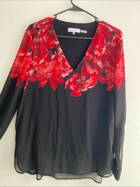 Calvin Klein Black Blouse with Red Floral Yoke